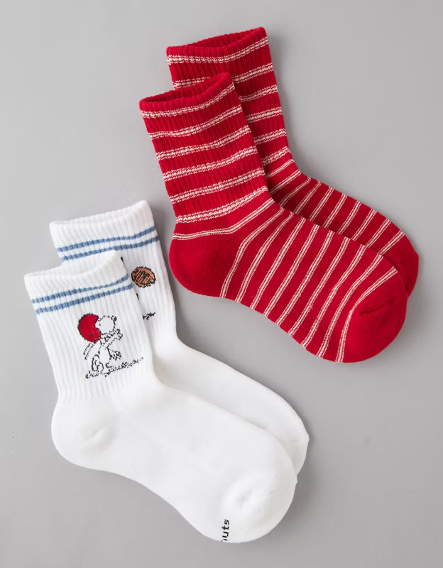 AE Snoopy Football Cropped Crew Socks 2-Pack | American Eagle Outfitters (US & CA)