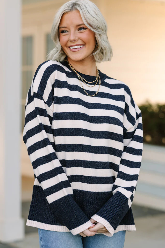 On The Way Up Navy Blue Striped Sweater | The Mint Julep Boutique