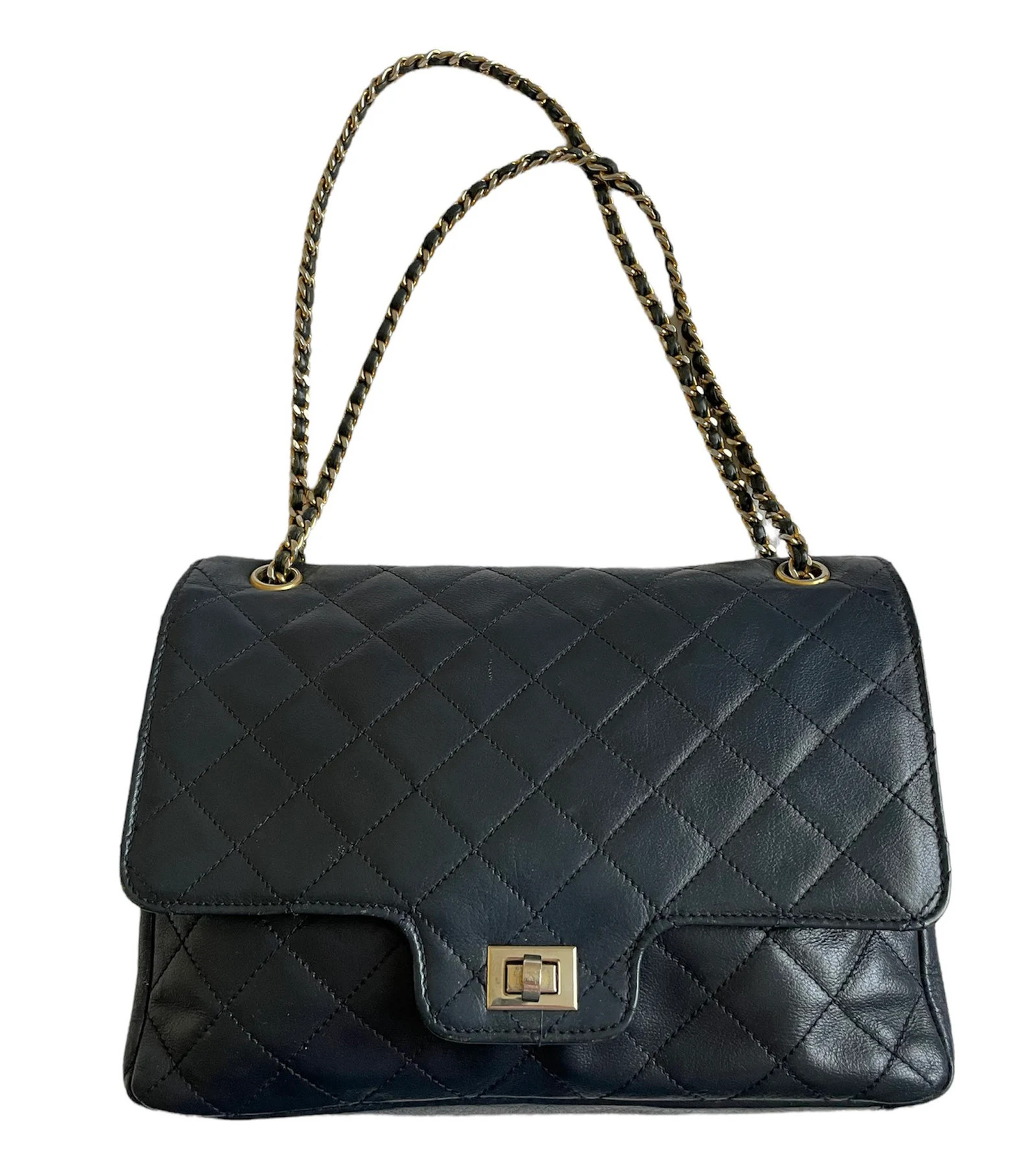 Navy blue quilted leather bag shoulder strap gold metal chain vintage French couture | Etsy (US)