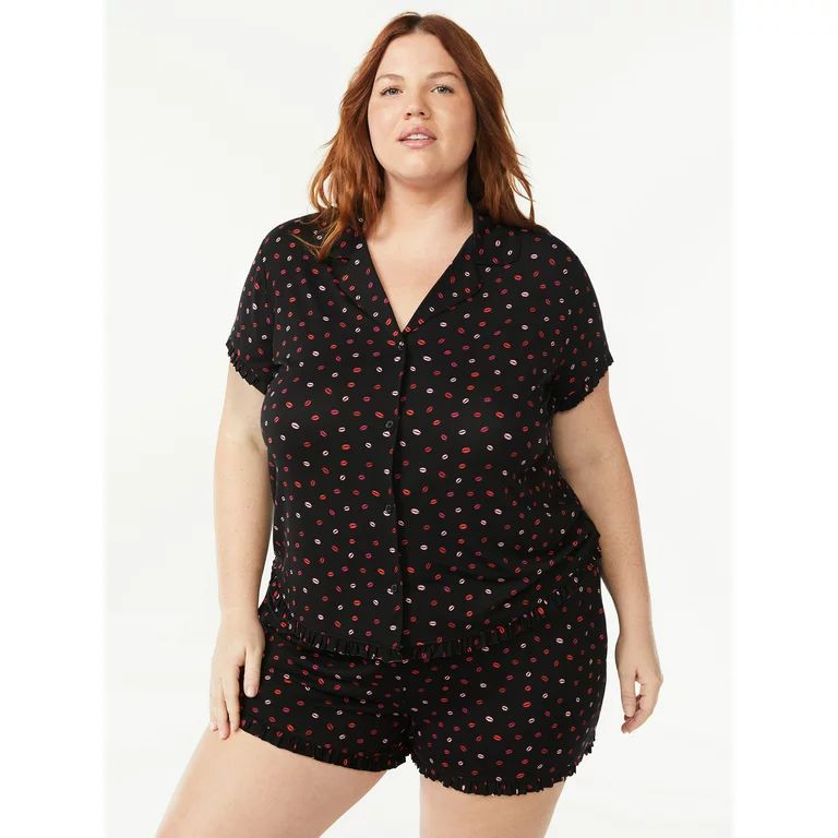 Joyspun Women's Notch Collar Shorty Pajama Set with Ruffles, Sizes S to 3X | Walmart (US)