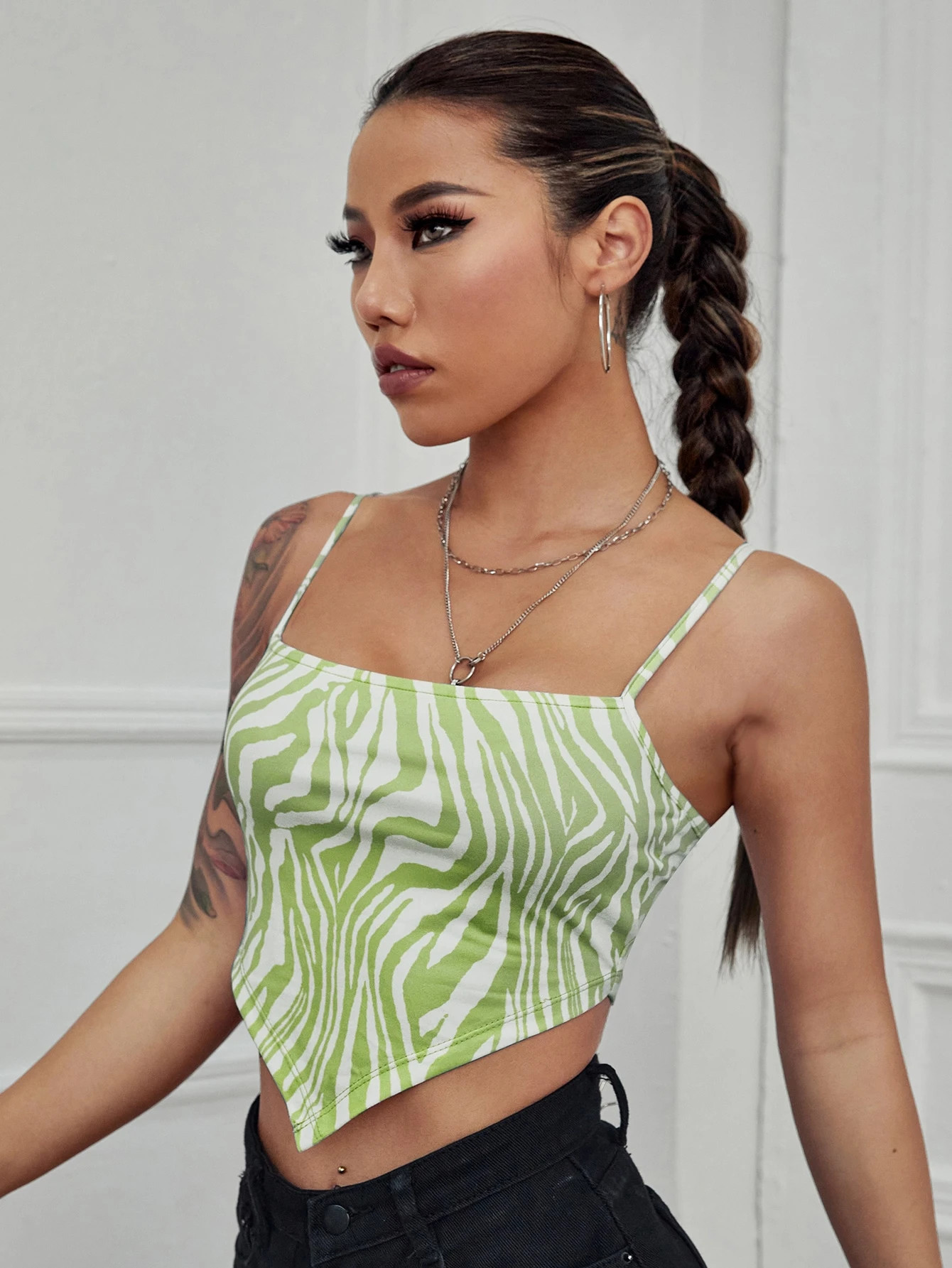 SHEIN Zebra Striped Asymmetrical Hem Cami Top | SHEIN