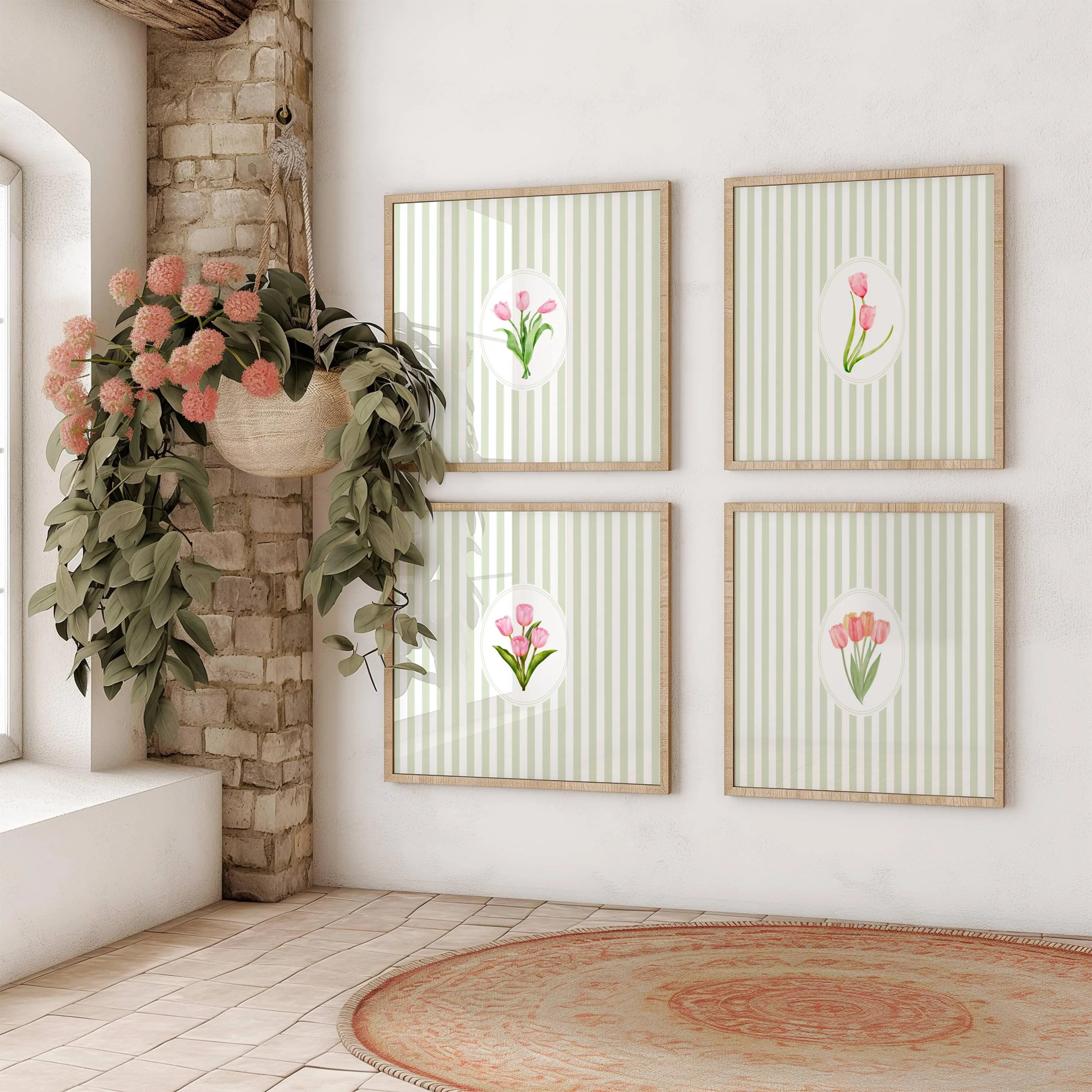 Vintage Sage Green Stripped Pink Tulip Print Set of 4 Stripped Green Wall Decor Botanical Floral ... | Etsy (US)