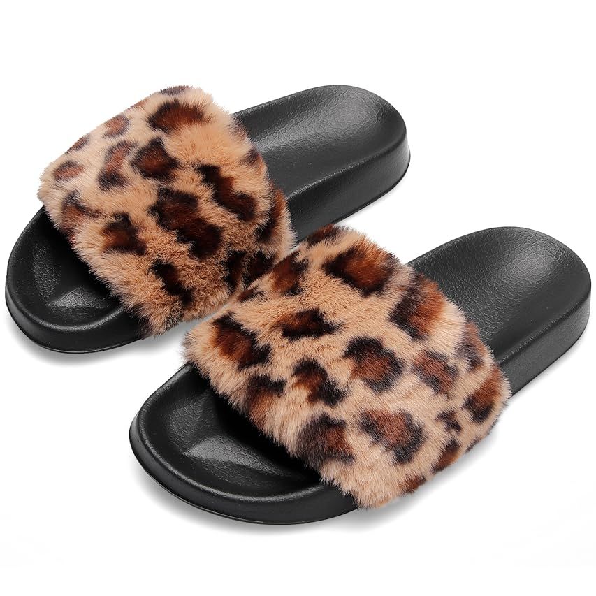 Women's Fuzzy Faux Fur Flat Spa Slide Slippers Open Toe House Indoor Shoes Sandals | Amazon (US)
