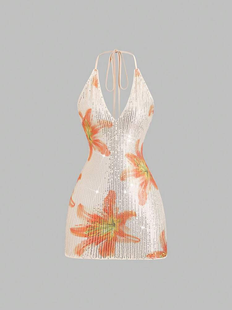 Sweetra Women's New Elegant Romantic Floral & Sequin Print V-Neck Backless Tie Strap Mini Dress, Suitable For Vacation, Party, Gathering, Spring/Summer | SHEIN