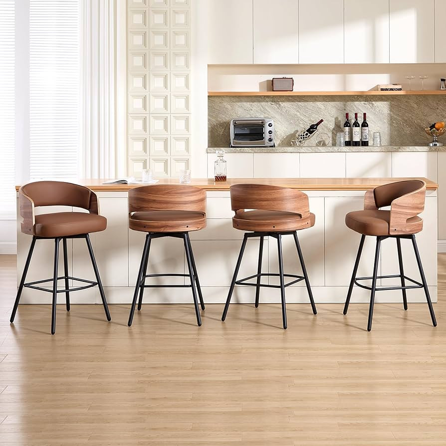 Swivel Bar Stools Set of 4, 26" Counter Height Bentwood Barstool, Upholstered Faux Leather Barsto... | Amazon (US)