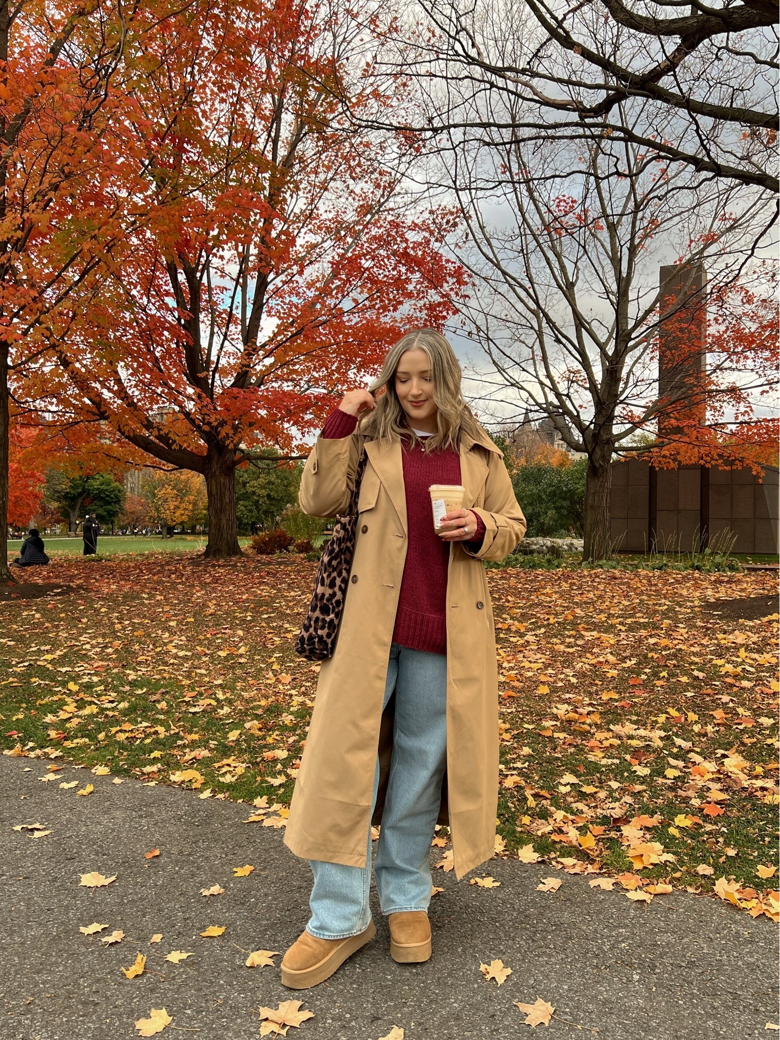 Outfit from last year! Code AFLTK for extra 20% off Abercrombie! Wearing L in the trench coat. Wearing 32 in the jeans here, I wear 30 now. Linked similar sweater. Ugg look for less boots are TTS