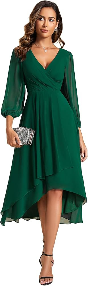 Ever-Pretty Women's Chiffon V Neck Long Sleeves Pleated A-Line Midi Length Wedding Guest Dress 01... | Amazon (US)