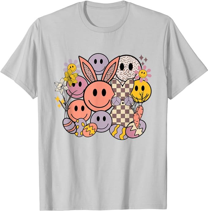 Happy Easter Smiling Emotional Face Easter Egg Bunnies Retro T-Shirt | Amazon (US)