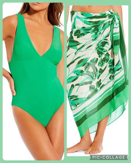 Green swimsuit and sarong. Vacation style. One piece swimsuit 

#LTKMidsize #LTKSwim #LTKOver40
