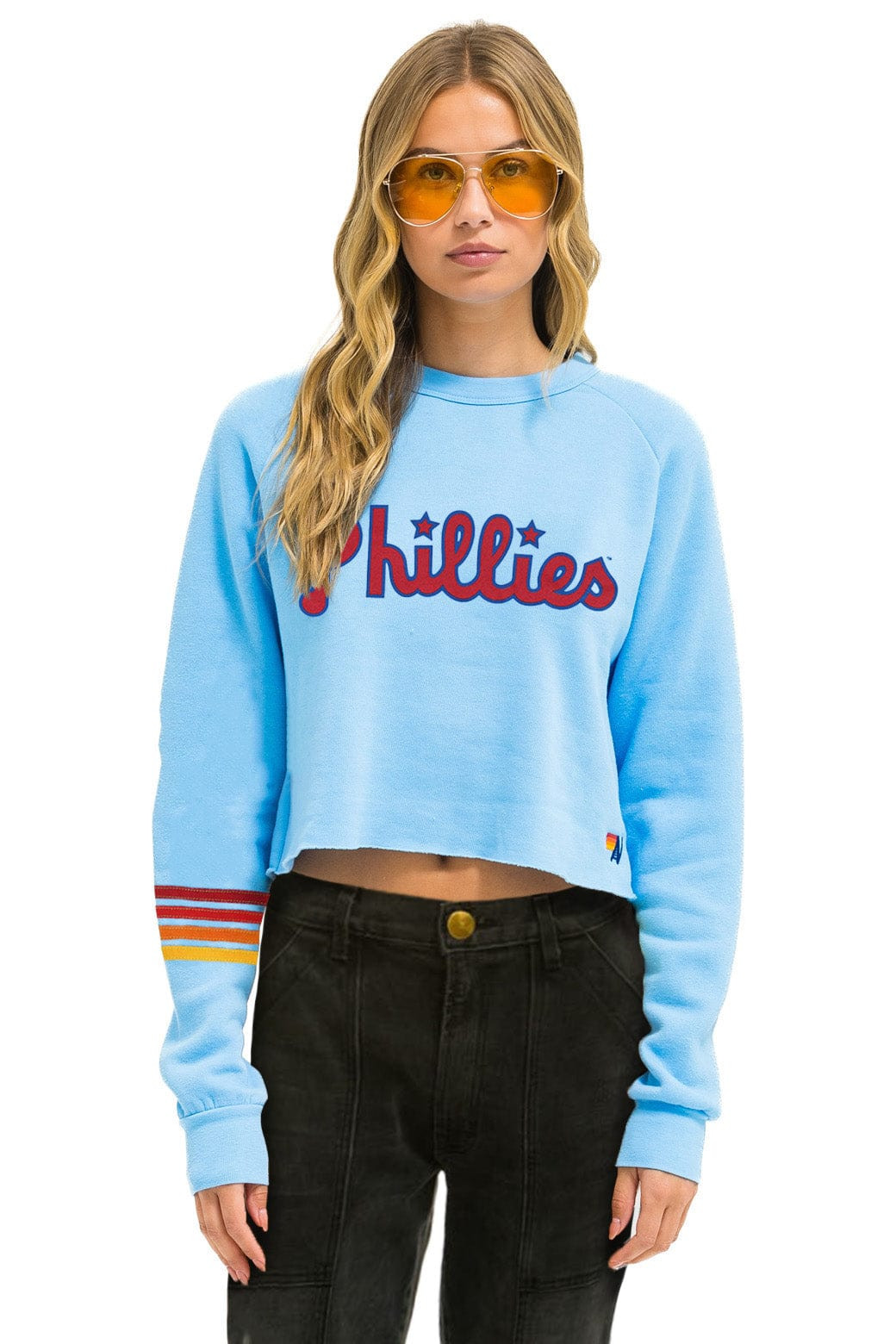 PHILLIES RUGBY STITCH CROPPED CREW SWEATSHIRT - SKY | Aviator Nation