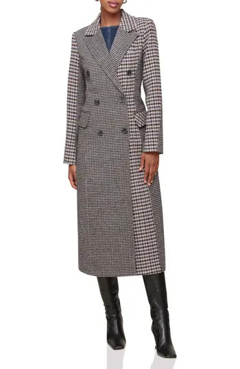 Avec Les Filles Colorblock Houndstooth Double Breasted Coat in Navy Houndstooth at Nordstrom Rack, Size Medium | Nordstrom Rack