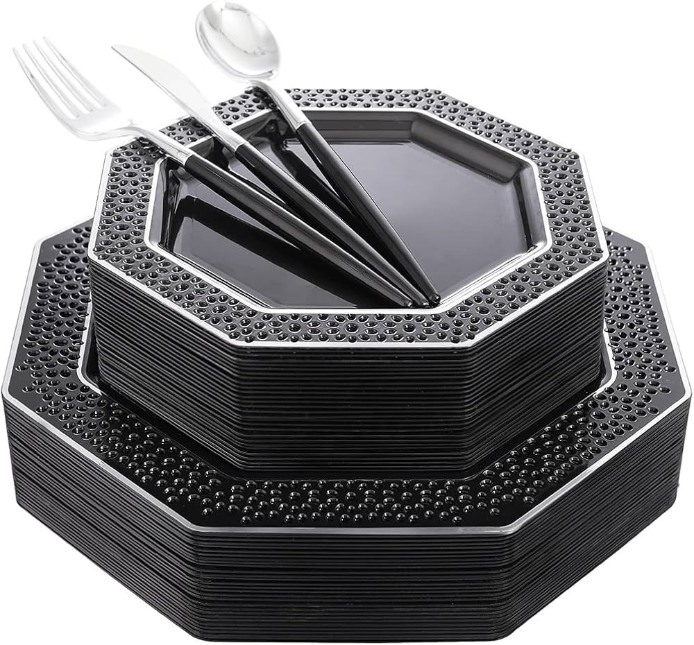 WELLIFE 150Pcs Halloween Black Plastic Plates With Disposable Silverware,Silver Cutlery With Blac... | Amazon (US)