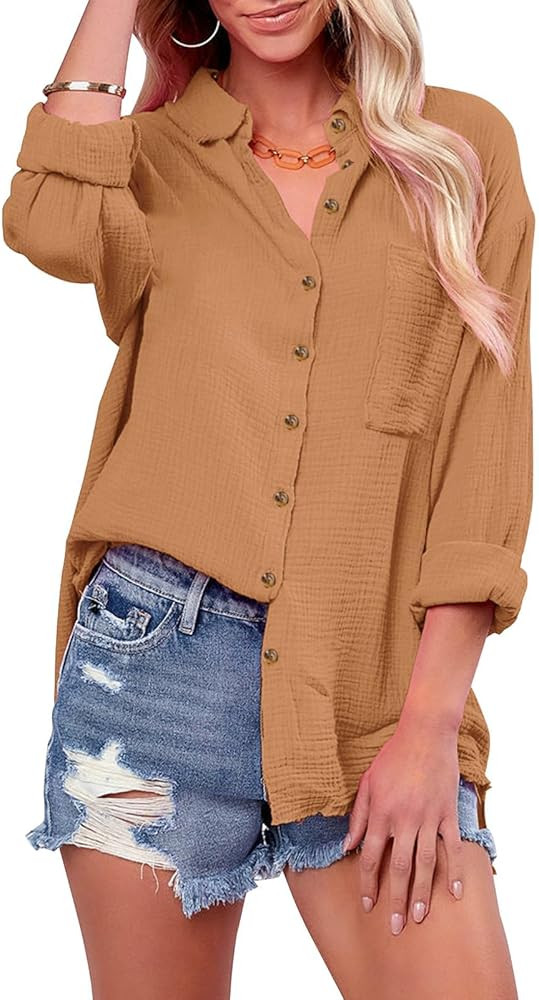 siliteelon Womens Button Down Shirts Cotton Long Sleeve Oversized Boyfriend Blouses Collared Dres... | Amazon (US)