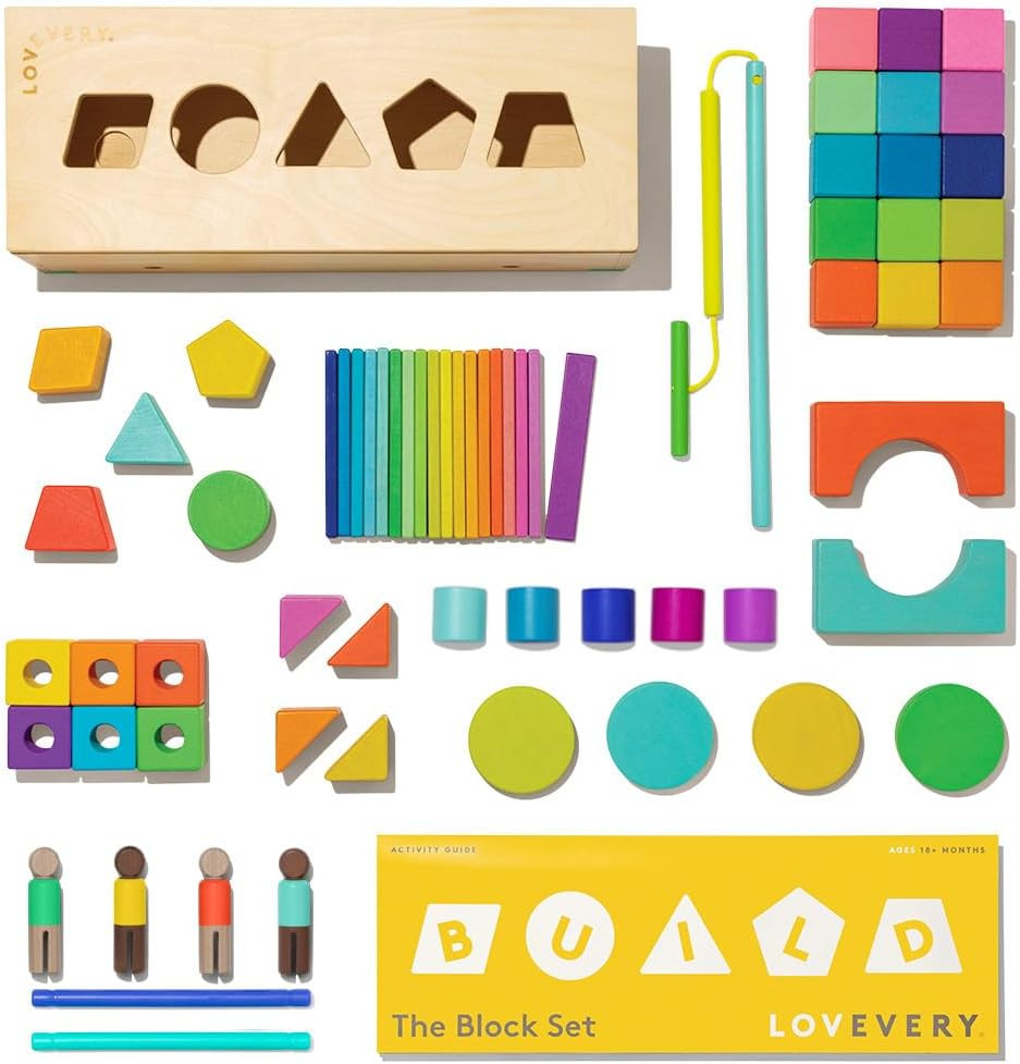 LOVEVERY | The Block Set | Solid Wood Building Blocks and Shapes + Wooden Storage Box, 70 Pieces,... | Amazon (US)
