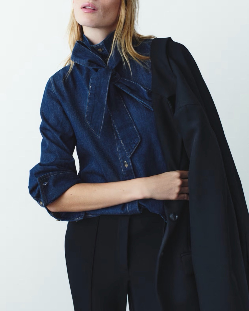 Tie neck denim button up shirt

#LTKSeasonal