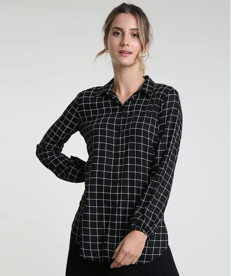 Camisa Feminina Estampada Quadriculada Manga Bufante Preta | C&A (BR)