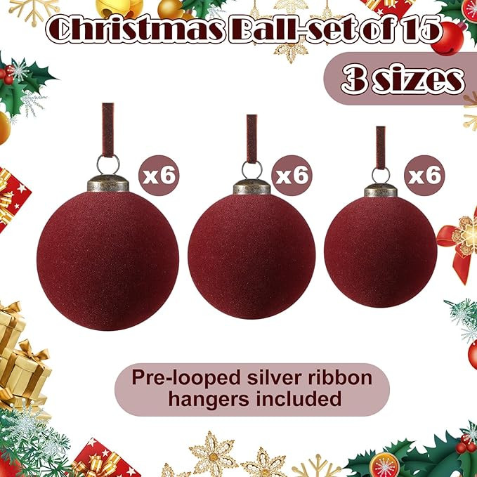 18 Pcs Christmas Velvet Christmas Balls Bulk Flocked Xmas Tree Ball Ornaments Plastic Velvet Chri... | Amazon (US)