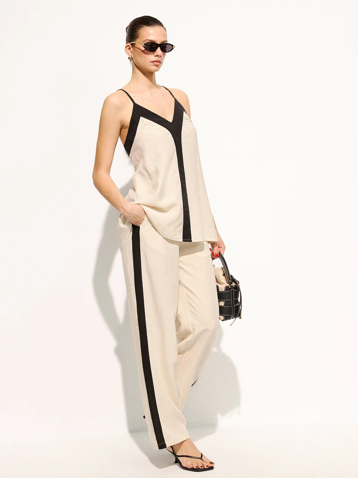 Cotton Linen Contrast Trim Cami Top & Pants Set | Commense