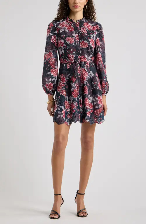 Chelsea28 Floral Eyelet Embroidered Button Front Dress in Black Floral at Nordstrom, Size X-Large | Nordstrom