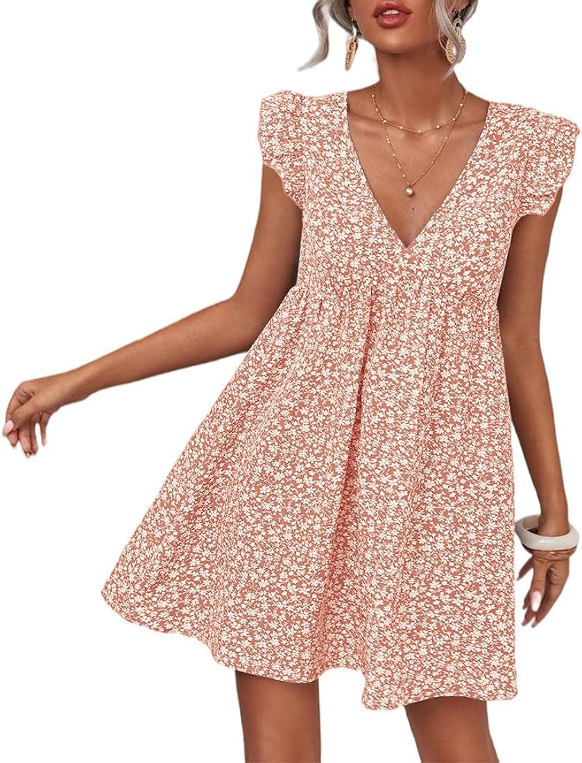 Women Boho Floral Summer Dresses Casual Backless V Neck Mini Dress Ruffle Beach Sundress | Amazon (US)