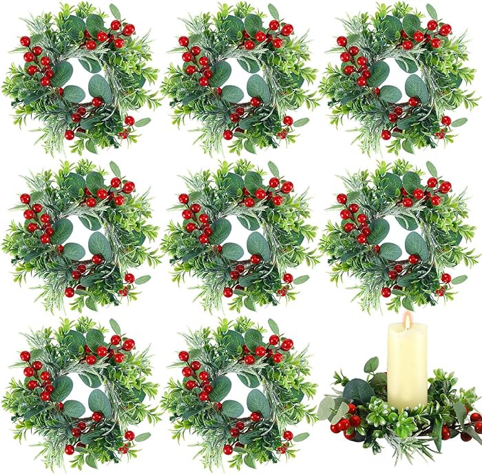 8 Pcs 6 Inch Christmas Candle Rings Wreath Small Garland Candle Ring Holder with Artificial Red B... | Amazon (US)