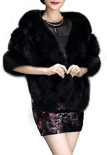 UMREN Women's Luxury Party Faux Fox Fur Long Shawl Cloak Cape for Winter Black A | Amazon (US)