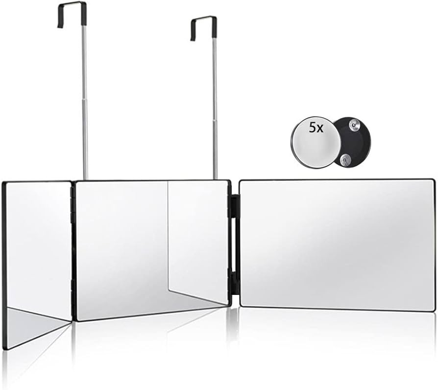 HIEEY 3 Way Mirror for Hair Cutting,360 Trifold Mirror with Height Adjustable Telescoping Hooks,a... | Amazon (US)