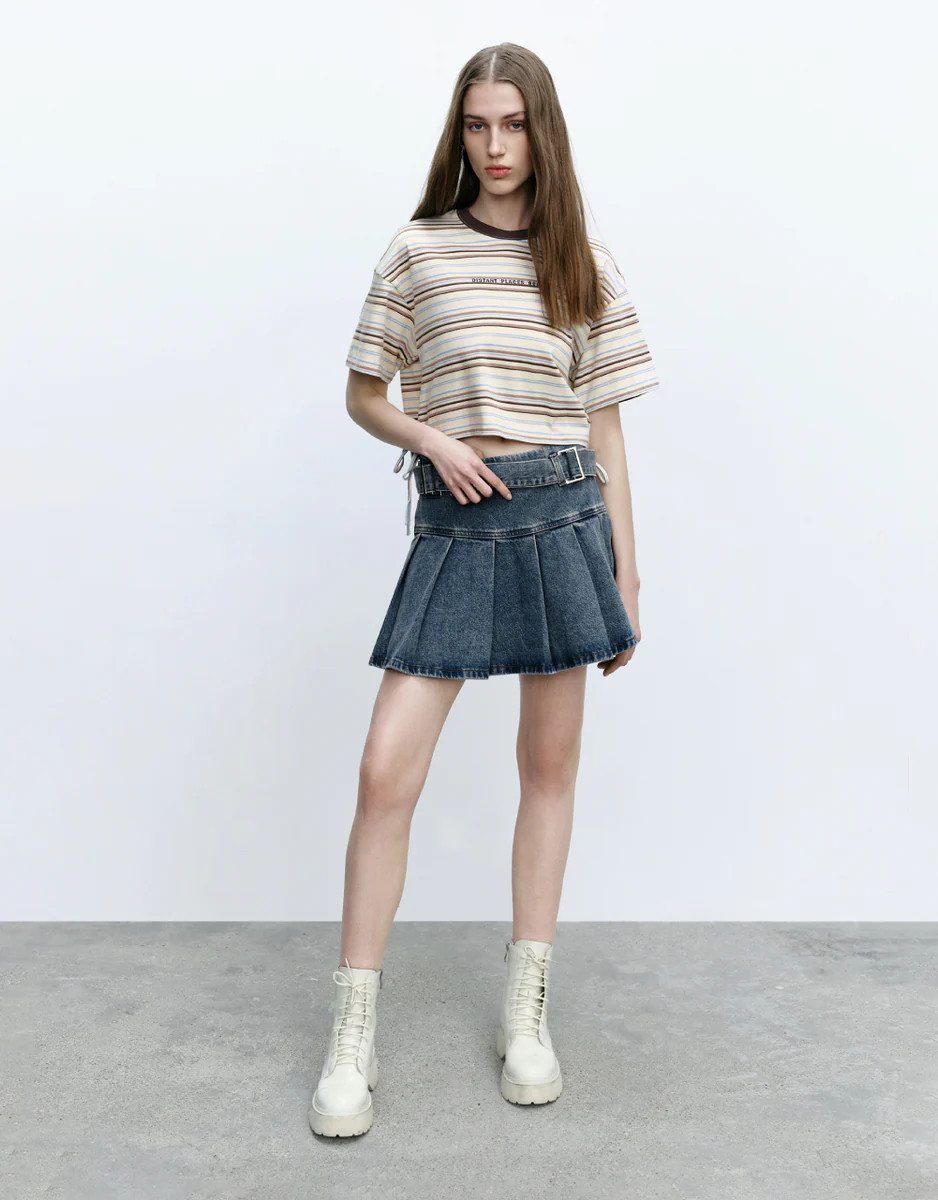 Pleated Mini Denim Skirt With Belt | Urban Revivo