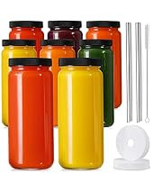 [ 8 Pack ] Glass Juicing Bottles with 2 Straws & 2 Lids w Hole- 16 OZ Travel Drinking Jars, Water Cu | Amazon (US)