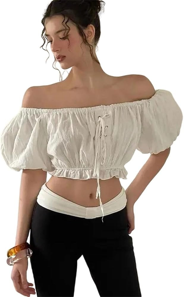 Women\u2019S Off Shoulder Crop Top Ruffle Puff Sleeve Elastic Waist Summer Blouse | Amazon (US)