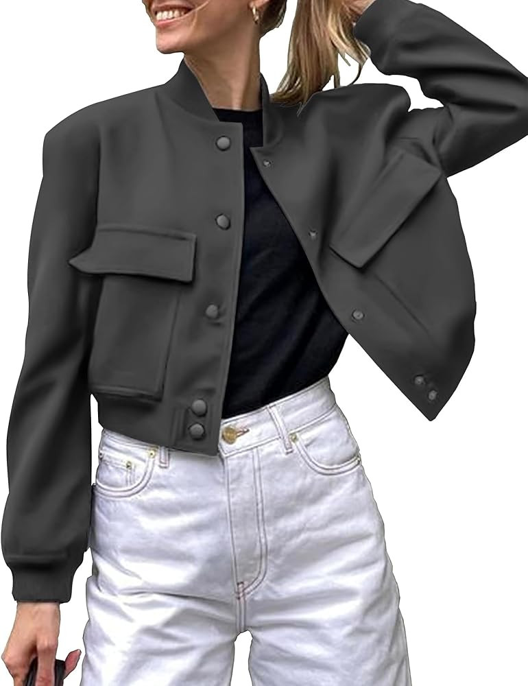 Zeagoo Women Bomber Jacket Casual Button Down Varsity Jackets Shackets With Pockets Outwear | Amazon (US)