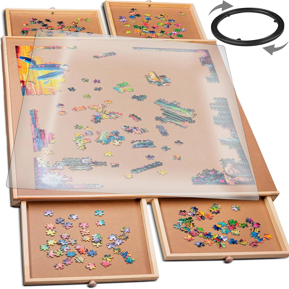 PLAYVIBE Rotating Jigsaw Puzzle Board with Drawers 1000 Piece – Puzzle Table with Cover, 4 Draw... | Amazon (US)