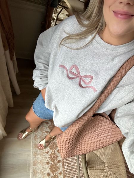 Can’t get over this sweatshirt!!! I sized up and cut the band off the bottom! I chose heathered gray with mauve threading! Don’t recommend the sandals. They hurt! 
Favorite shorts true to size! 

Abercrombie coquette bag Amazon old navy THEBLOOMINGNEST 

#LTKShoeCrush #LTKMidsize #LTKFindsUnder50