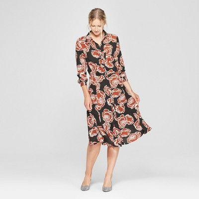Women's Floral Print Convertible Sleeve Midi Shirt Dress - Who What Wear™ Black L | Target