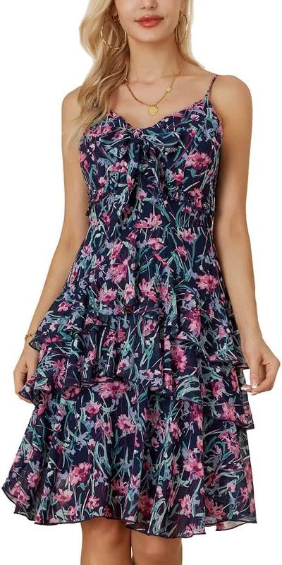 GRACE KARIN 2023 Womens Summer Floral Sundress Spaghetti Strap Tie Front Midi Dresses | Amazon (US)
