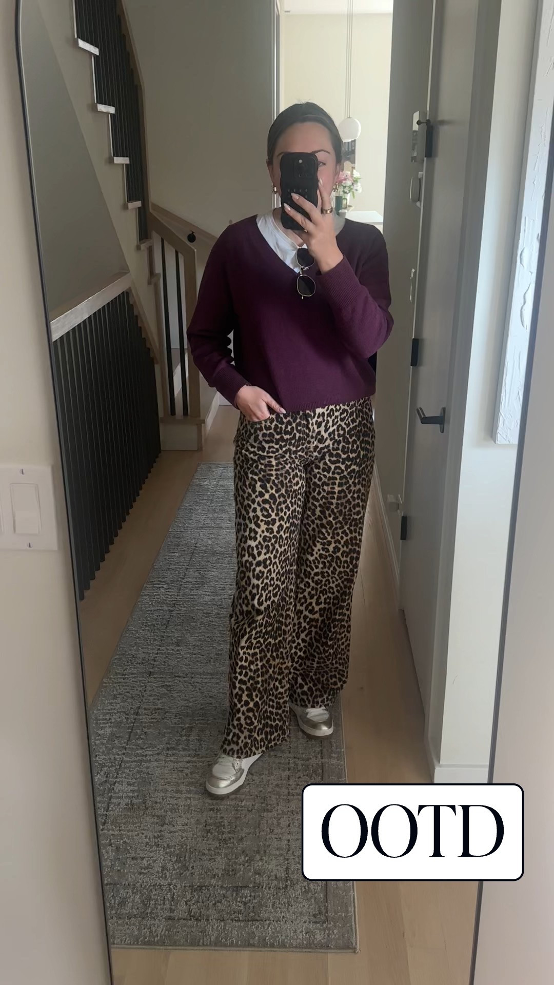 Leopard Print Jeans. Burgundy sweater (Old Navy) layered with a white tee shirt. Marc Fisher sneakers. Amazon sunglasses. Mixed-metal two-tone gold and silver hoop earrings — bought in Cape Town but found a couple of similar styles.

#LTKWatchNow #LTKFindsUnder100 #LTKSeasonal