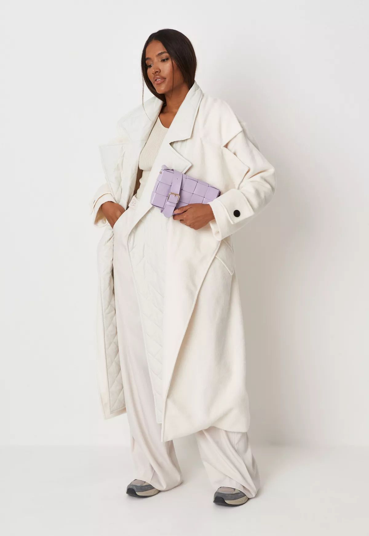 Cream Quilt Lining Detail Belted Extreme Oversized Trench Coat | Missguided (US & CA)