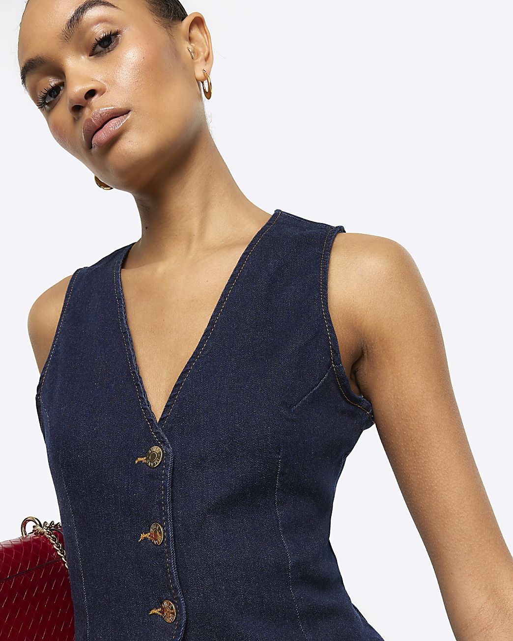 Blue button up denim waistcoat | River Island (UK & IE)