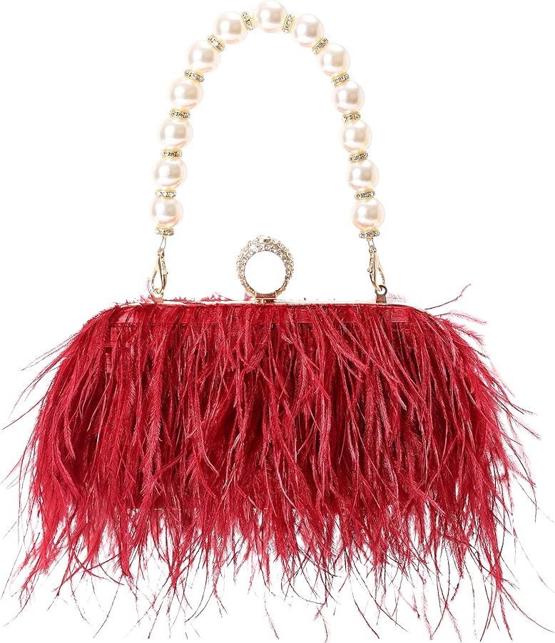 Women Real Natural Ostrich Feather Evening Bags Purses Clutch Vintage Banquet Handbag | Amazon (US)