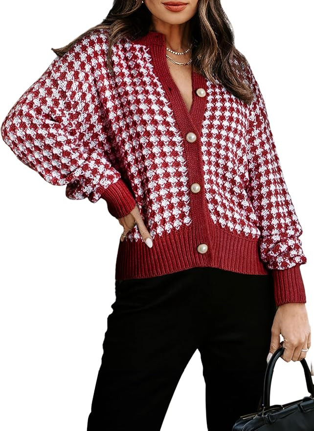 Dokotoo Cardigan Sweaters for Women V Neck Button Down Long Sleeve Plaid Knit Cardigans Sweater T... | Amazon (US)