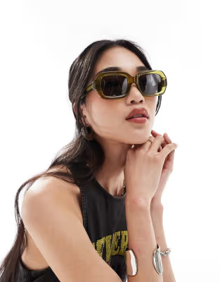 & Other Stories premium chunky rectangle sunglasses in green | ASOS (Global)