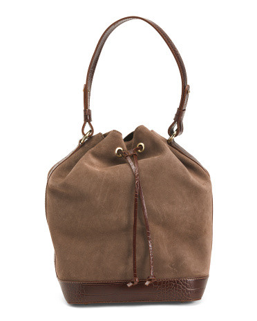 Made In Italy Suede Fango Taupe Large Croco Bucket Bag | TJ Maxx