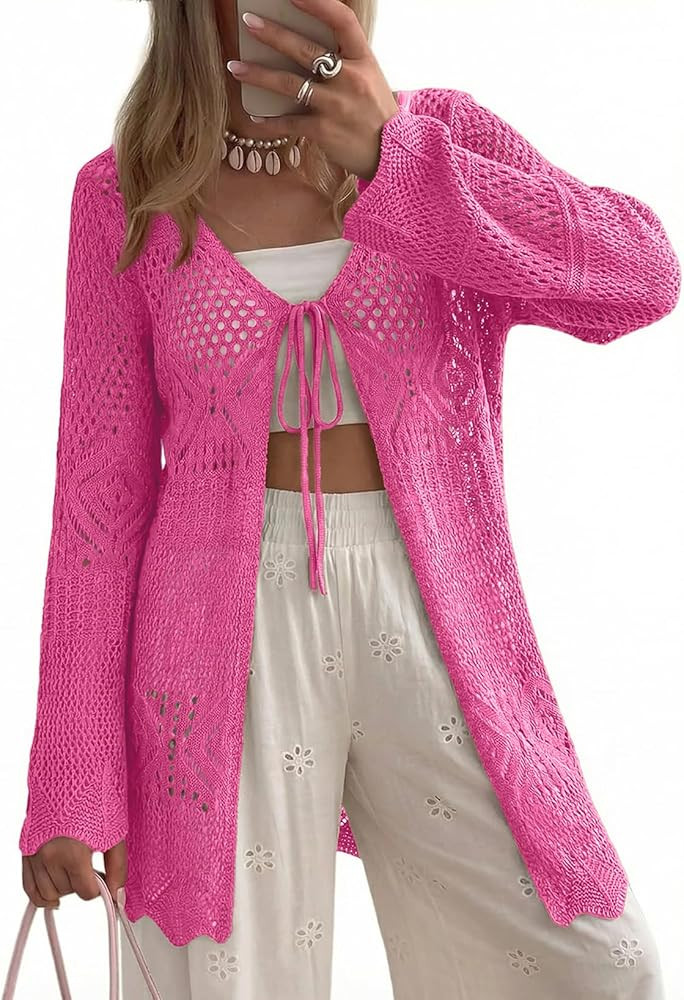 SHEWIN Crochet Cardigans for Women Long Sleeve Tie Front Bow Cardigan Sweaters Hollow Out Knit Su... | Amazon (US)