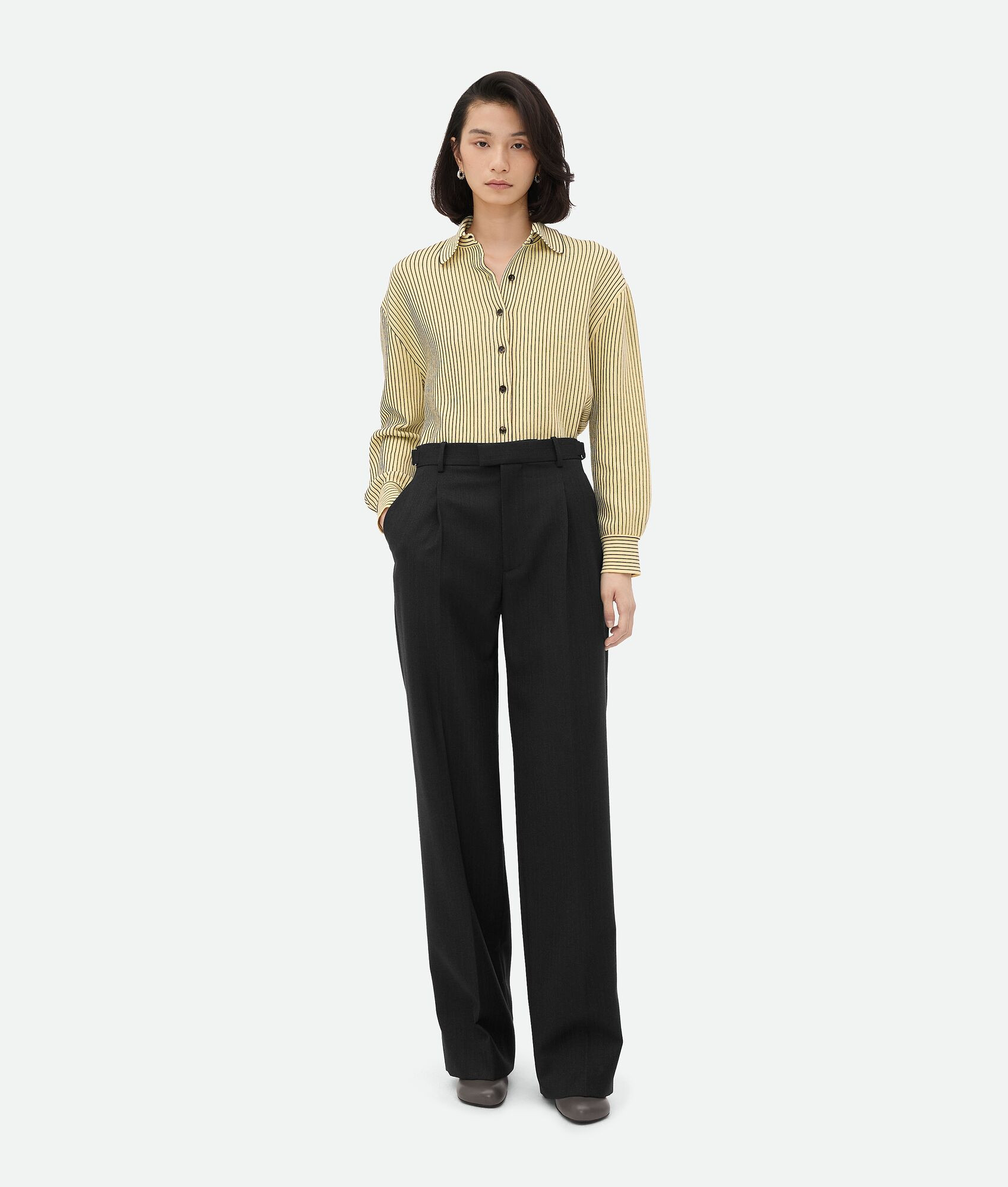 Bottega Veneta® Women's Striped Wool Trousers in Black/dark blue. Shop online now. | Bottega Veneta