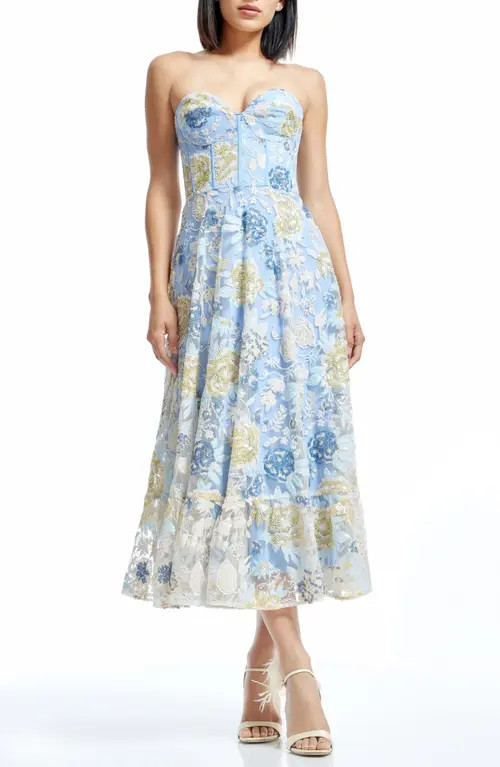 Dress the Population Carina Sequin Appliqué Midi Dress in Sky Multi at Nordstrom, Size X-Large | Nordstrom
