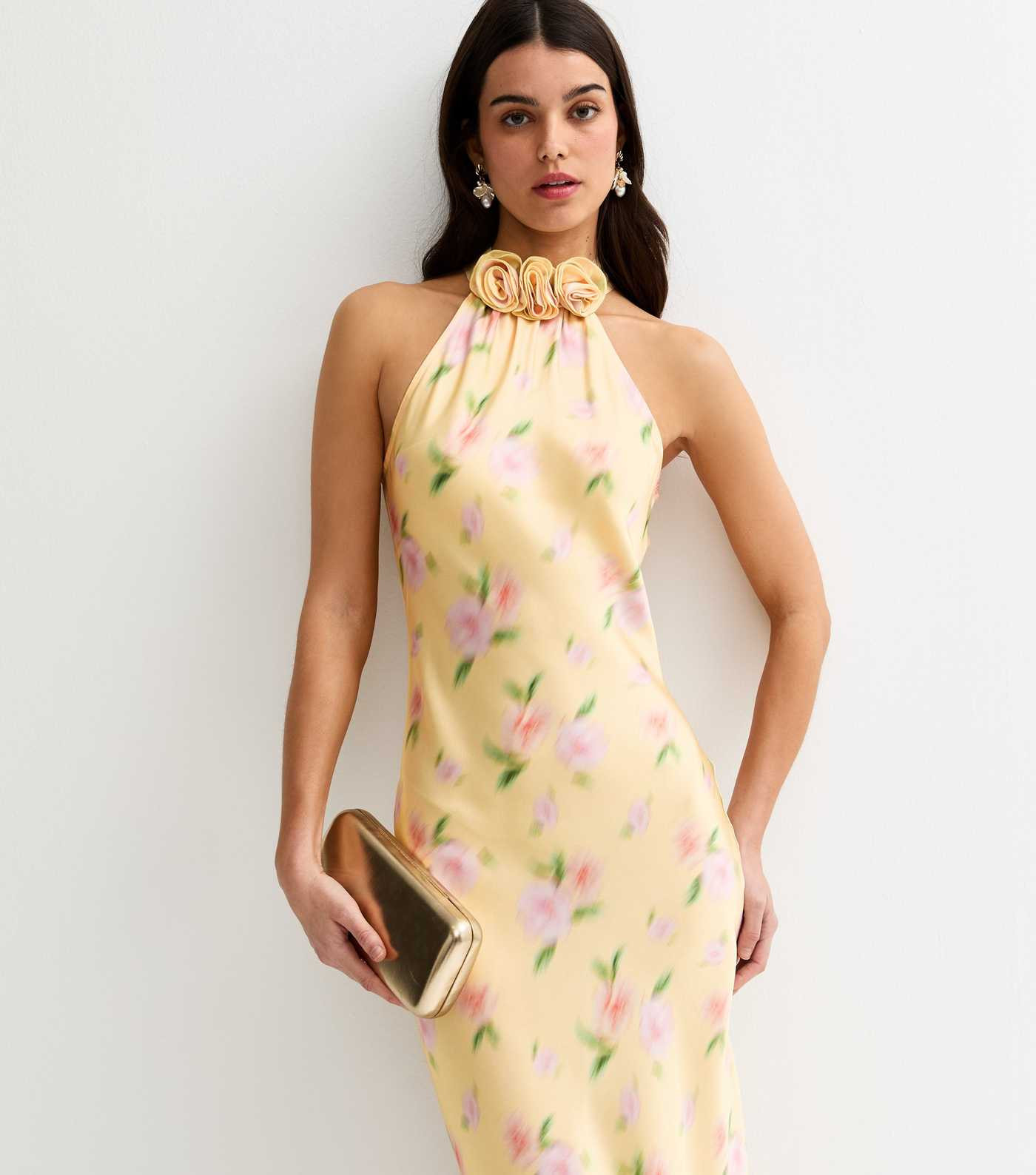Yellow Blurred Floral Halter Neck Midi Dress | New Look | New Look (UK)