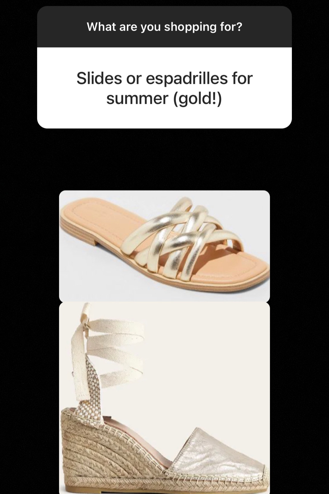 Gold slide & espadrilles 

#LTKSeasonal #LTKFind #LTKshoecrush