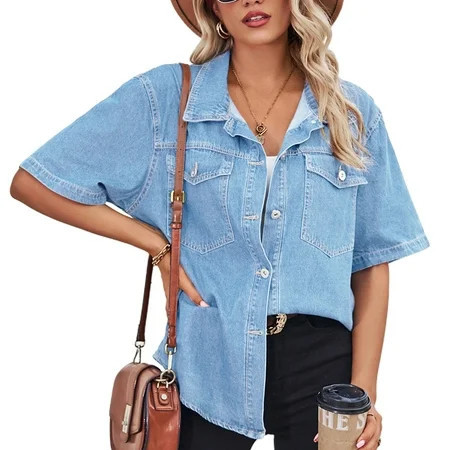 Defitshape Women s Short Sleeve Denim Shirt Button Up Top Denim Boyfriend Fashion Pocket Western Spring Button Up Shirt Light Blue X-Large | Walmart (US)
