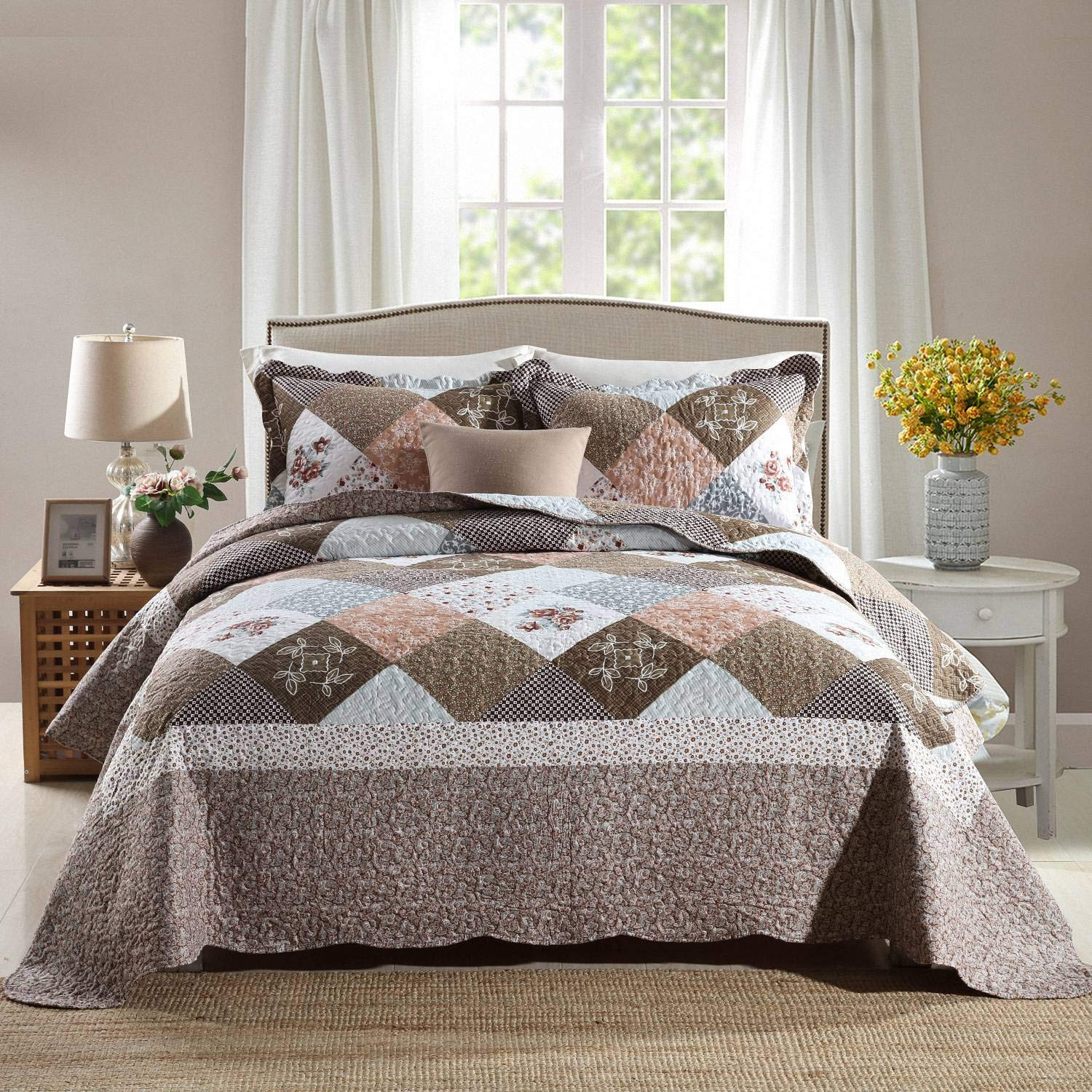 HoneiLife Quilt Set - 3 Piece Microfiber Reversible Bedspreads Patchwork Coverlets Floral Bedding... | Amazon (US)