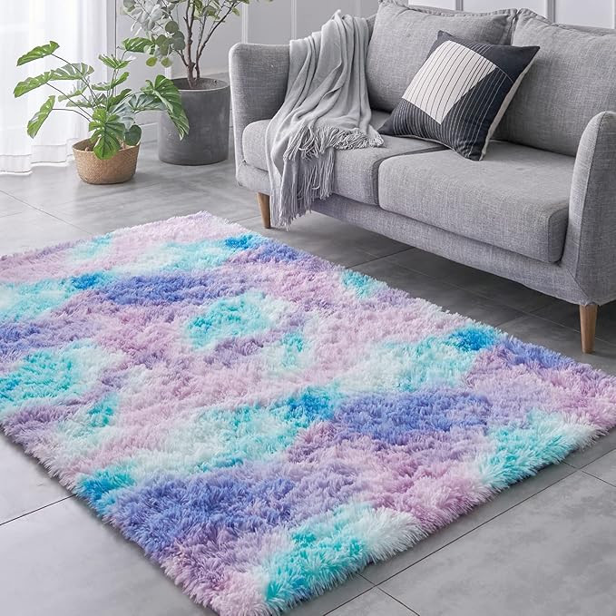 TABAYON 8 x 10 Feet Shag Area Rugs, Ultra Soft Indoor Modern Nursery Rug, Tie-Dyed Light Purple P... | Amazon (US)